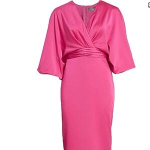 Theia Fuchsia Satin Balloon Sleeve Dress. NWT